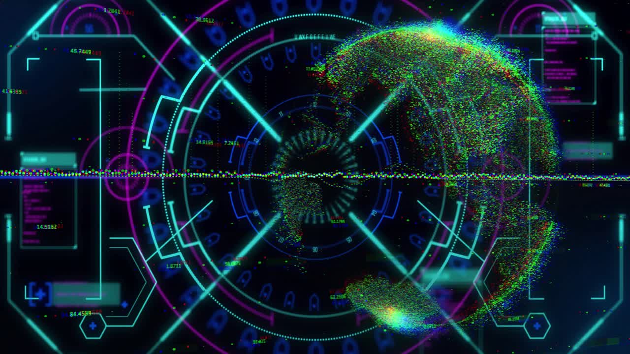 Particle cloud coalescing, central HUD growing rings, rotating dial and pulsing data visualization