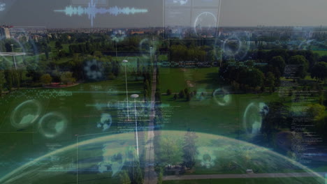 park pathway being highlighted with floating holographic data overlays and curved globe visuals