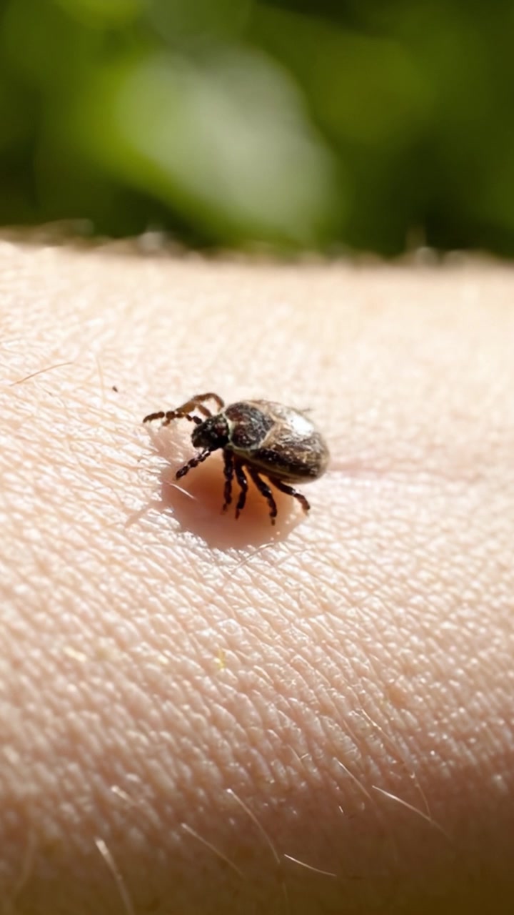 Primer plano de una garrapata en la piel humana, destacando las complejidades de los pequeños parásitos de la naturaleza y su interacción con los huéspedes en un entorno natural