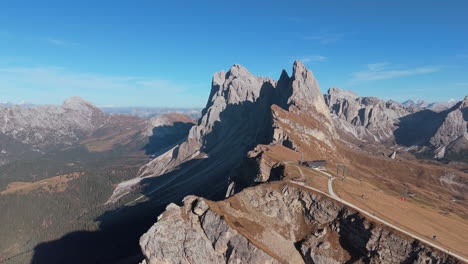 incredible aerial view over siggiovia fermeda chairlift toward seceda ridgeline