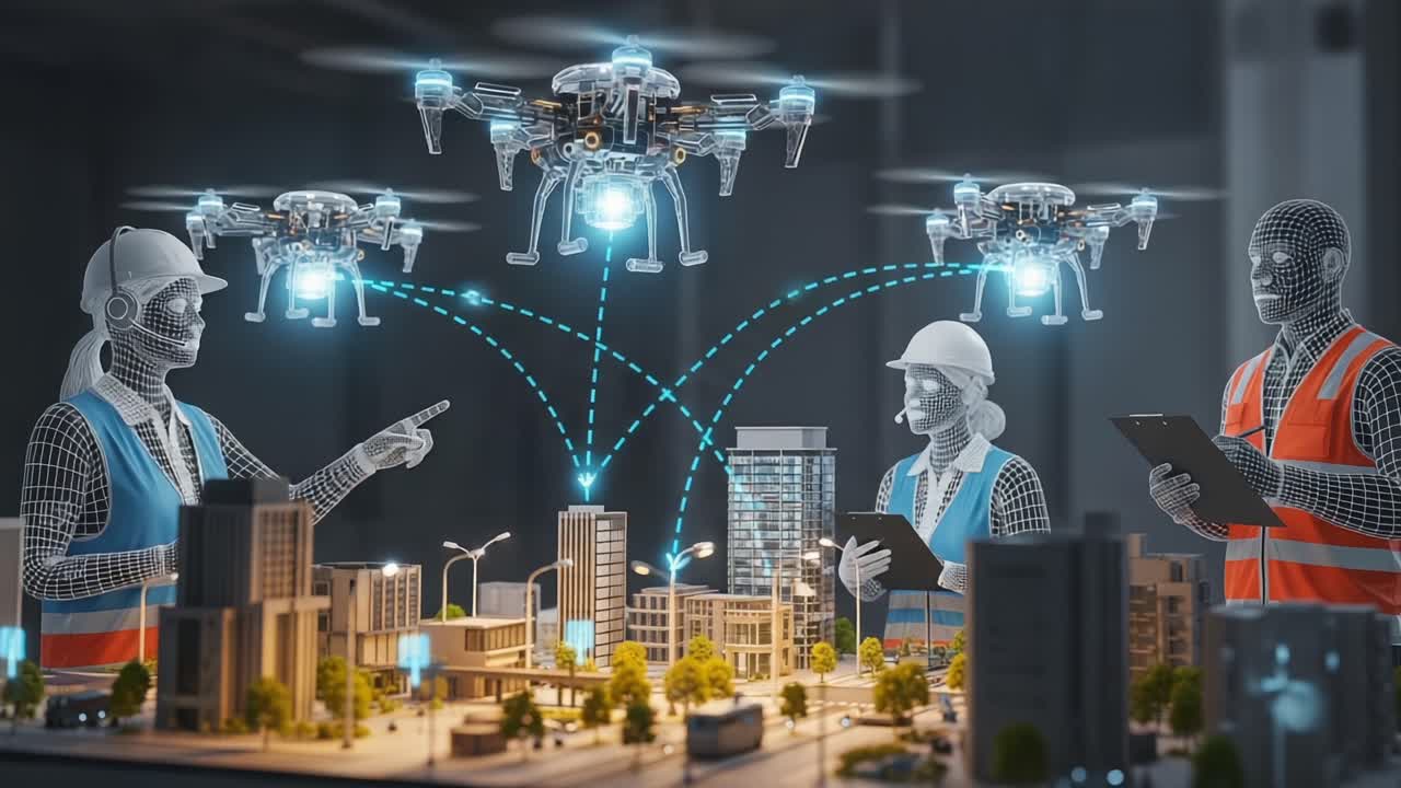 Innovative Construction Technology: Drones Overseeing Urban Development with Engineers Collaborating on a Digital Model of a Project Space