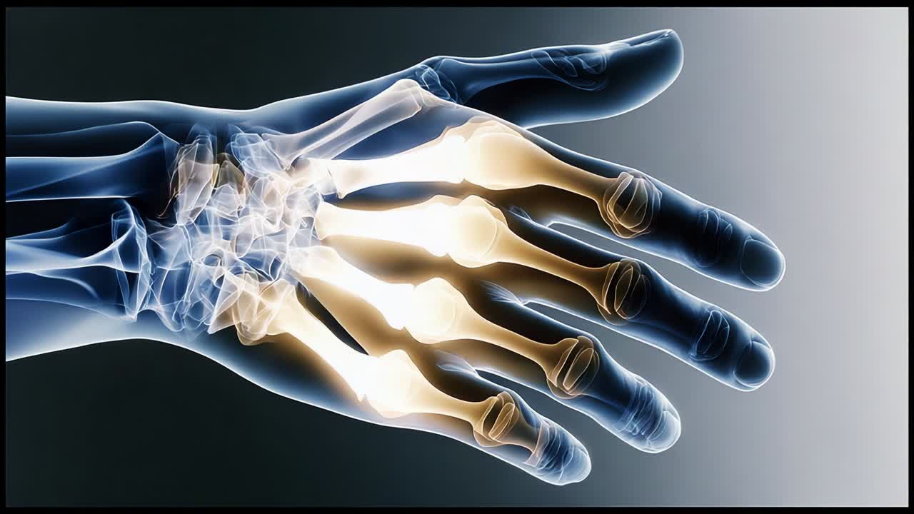 Detailed X-ray visualization showcasing the intricate structure of a human hand, prominently displaying the bones and joints from the wrist to the fingertips, emphasizing the anatomy and functionality of the skeletal system