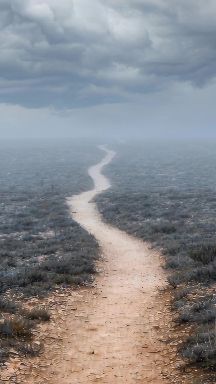 Vertical video: Winding dirt trail narrowing into haze in moors with rocks, clouds, camera pushing