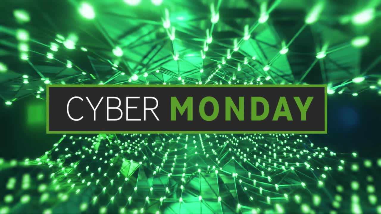 Animation of cyber monday text over moving network of glowing green lights