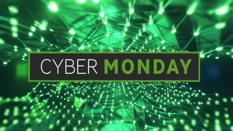 animation of cyber monday text over moving network of glowing green lights