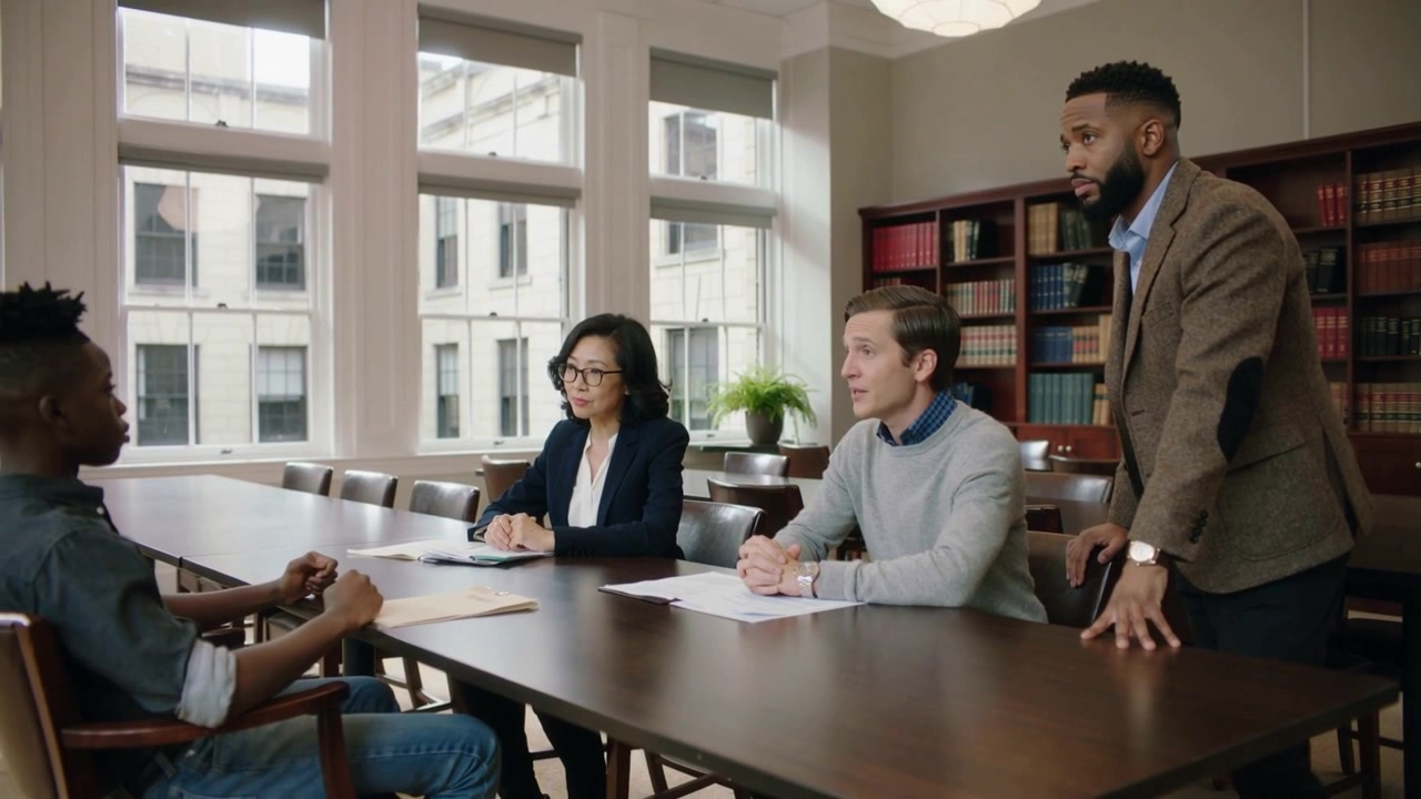 Panel questioning candidate holding manila file and listening during interview at table