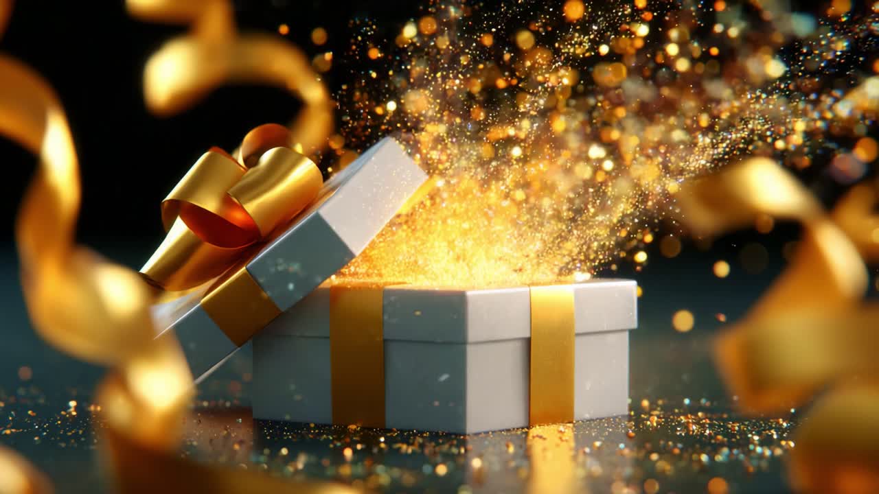 Una confezione regalo incantevole che esplode di coriandoli scintillanti e nastri dorati, creando un'atmosfera magica piena di gioia e sorpresa, perfetta per qualsiasi festa o occasione speciale.