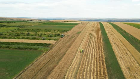 Disparo-Aéreo-De-Un-Dron-Volando-Alto-Sobre-La-Cosecha-Moderna-Cosechando-Trigo-En-El-Campo-De-Trigo-Amarillo-Maduro-En-Un-Día-Nublado