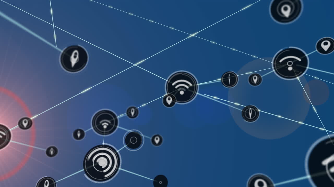 animación de una red de iconos digitales y puntos de luz contra un fondo azul.