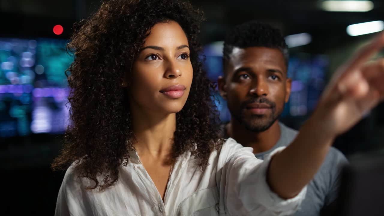 A Focused Discussion in a High-Tech Environment: Two Professionals Engage with Digital Displays, Highlighting Collaboration, Innovation, and Insight in a Modern Workplace Setting