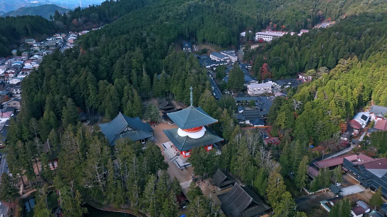 A stunning drone video capturing the serene beauty of Danjo Garan Sacred Temple in Koyasan, Japan.