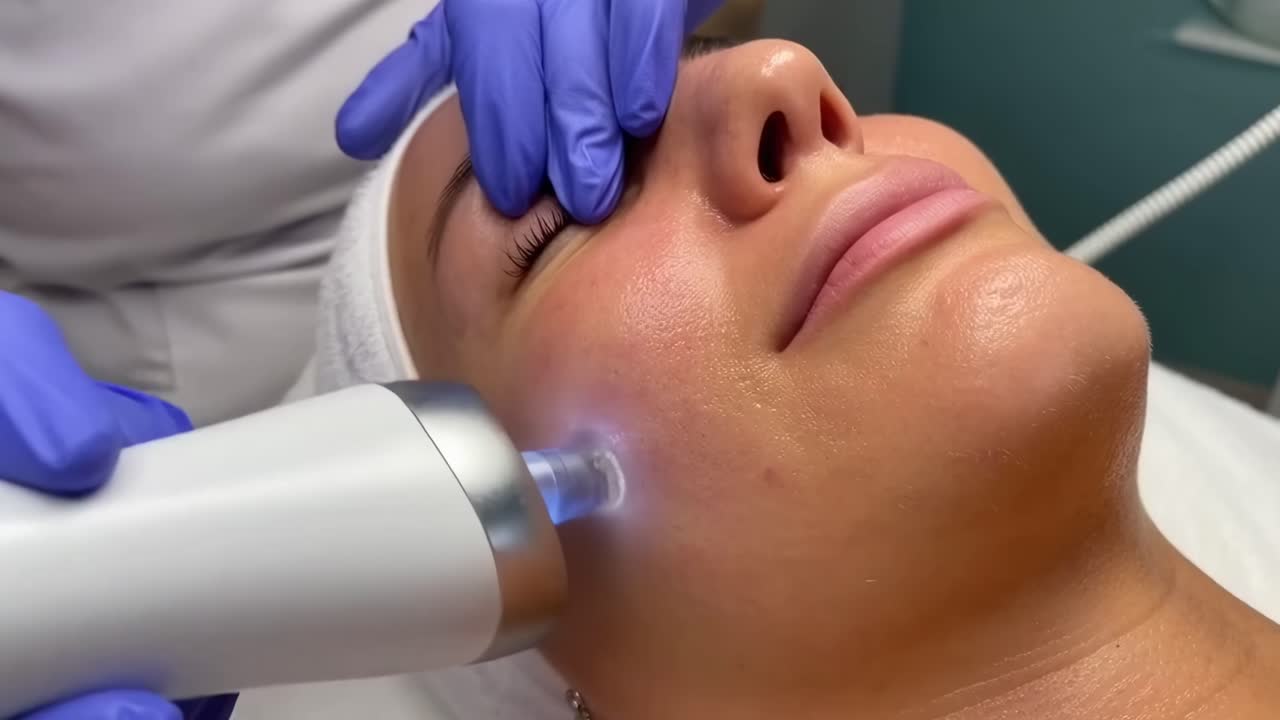 Video ravvicinato di un trattamento viso in corso, ripreso di lato, che evidenzia la cura della pelle.