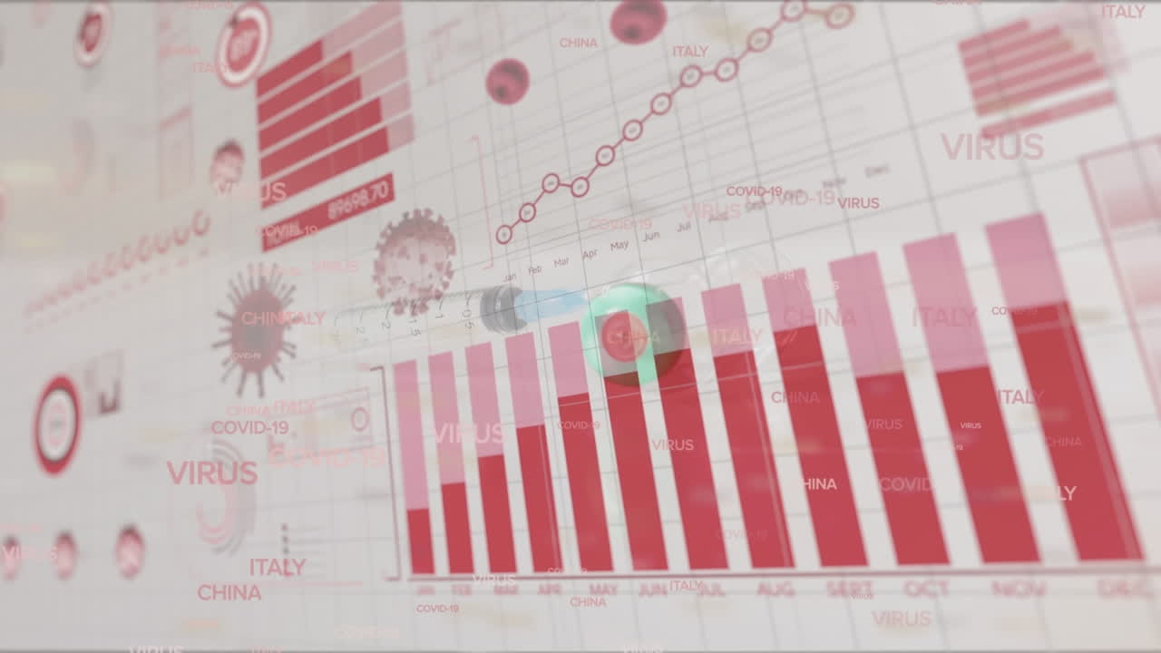animación de texto y procesamiento de datos de covid-19 con células virales sobre la jeringa