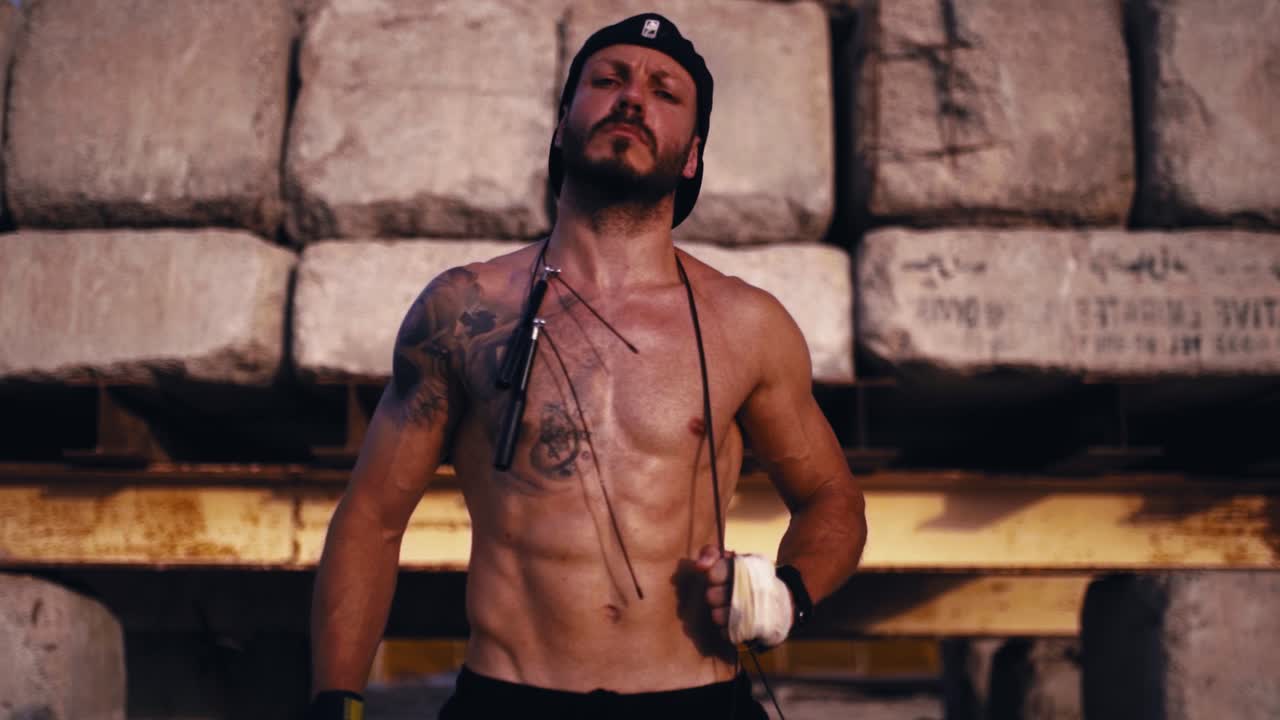 카메라에 shirtless 포즈와 그의 완벽 하 게 모양과 강한 몸을 보여주는 보디 빌더