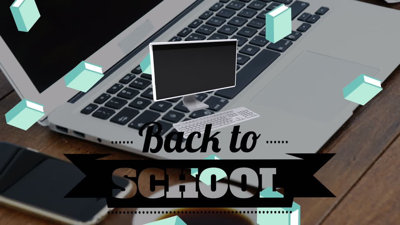 Animation of back to school text over laptop