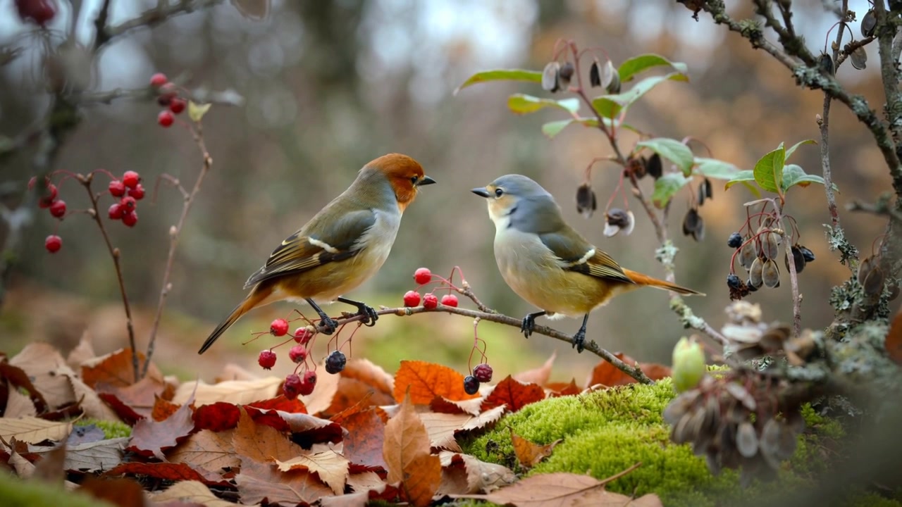 Coppia di passeriformi appollaiati che reagiscono a bacche rosse, con l'uccello a sinistra che si lancia da un ramoscello sopra foglie muschiose.