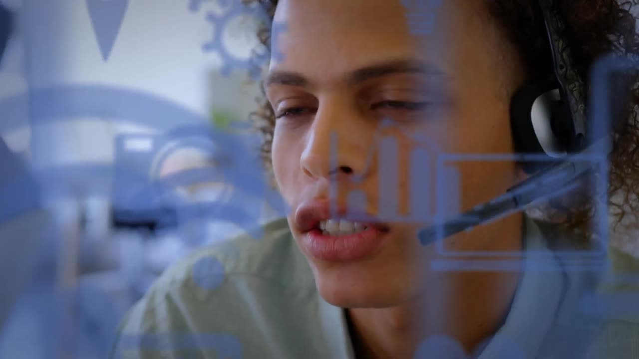 Animation of mixed race man talking and smiling  with headphones over statistics and forms