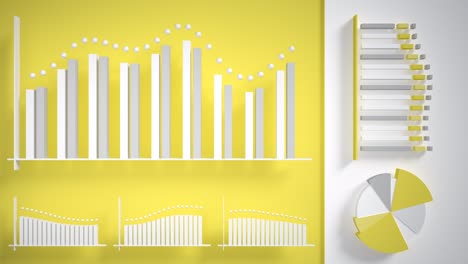 interfaz de usuario de alta tecnología con animación de histogramas y gráficos en colores blanco y amarillo. bucle de video 3d. minimalismo 4k hd.