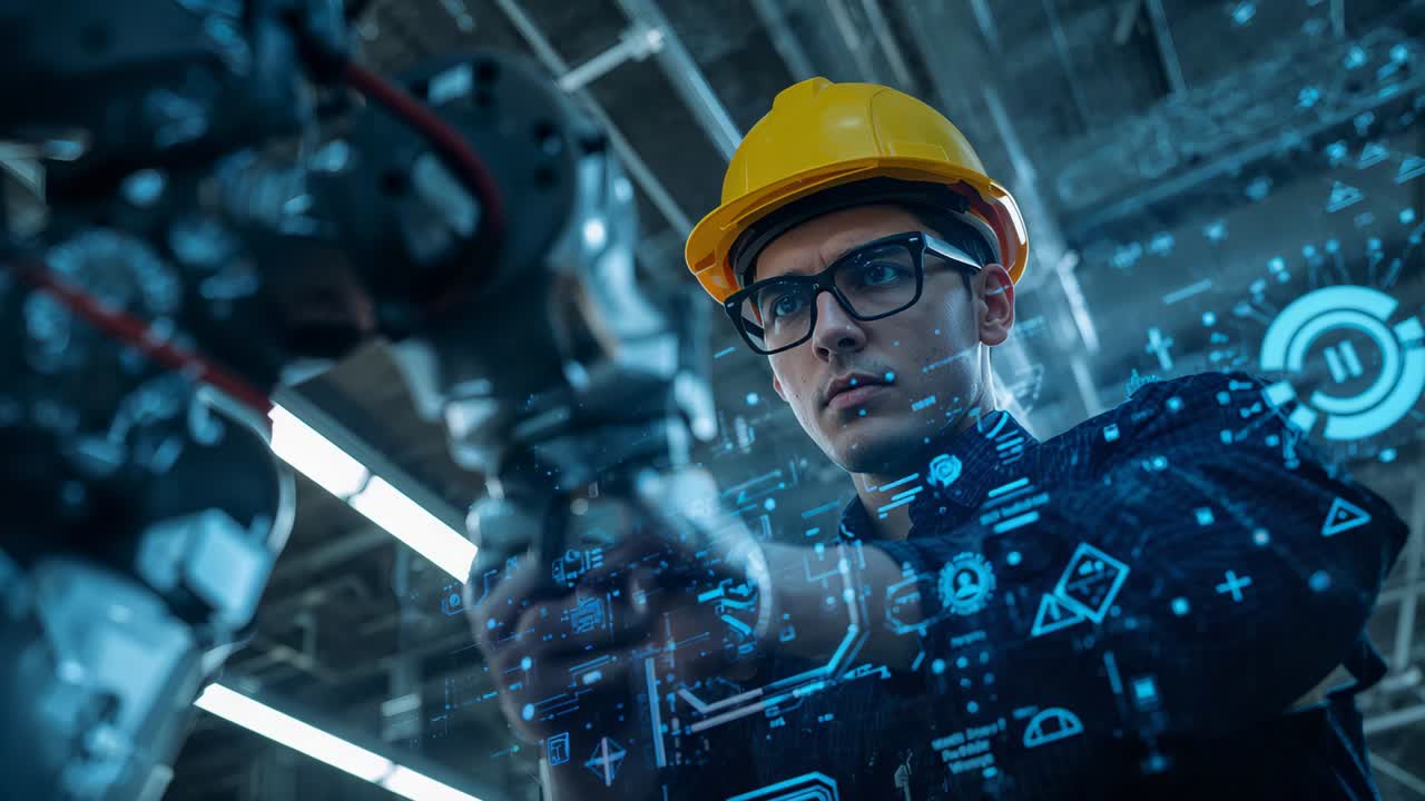 Reacting to hologram, technician in yellow hard hat tapping control at plant activating robotic arm