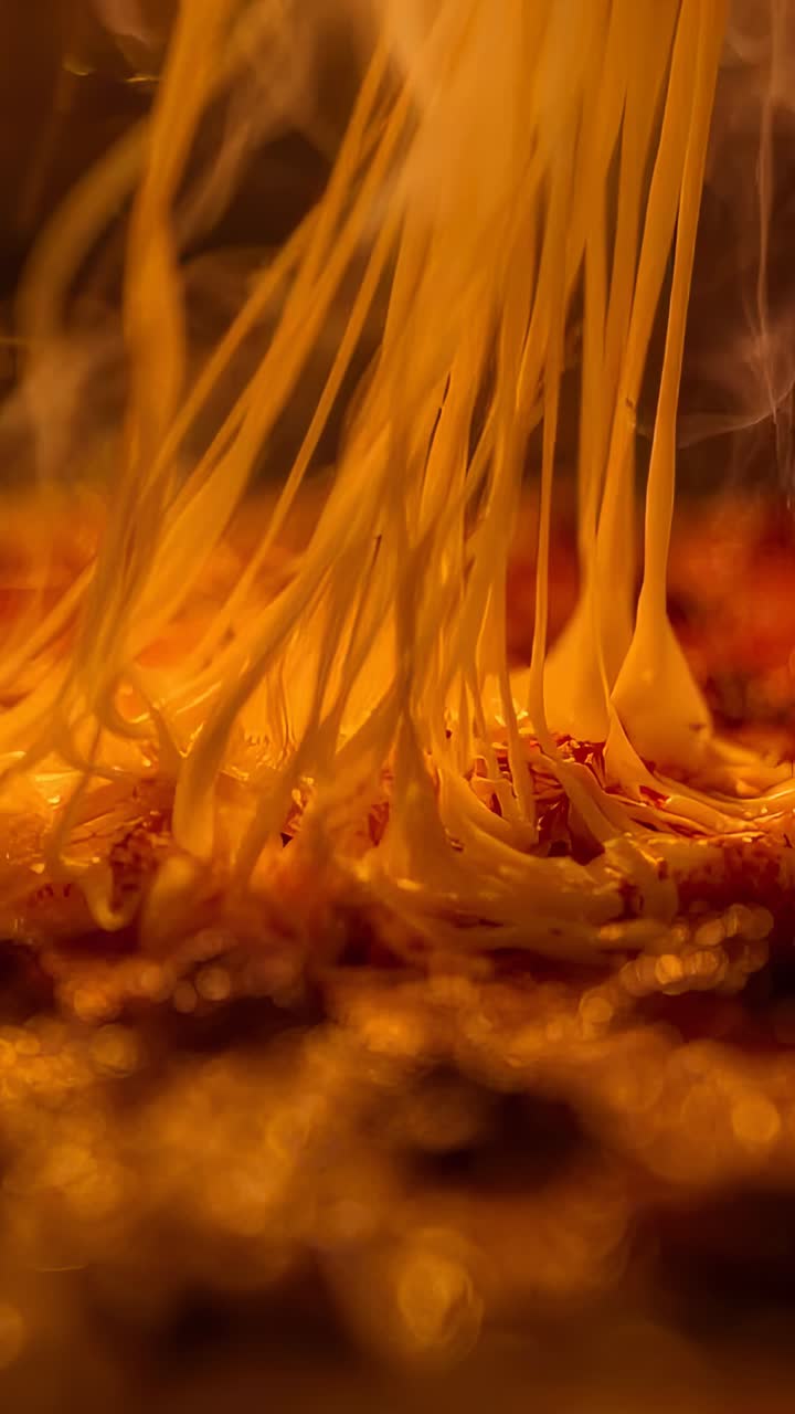 Vertical video: Pulling cheese strands melting and covering pizza toppings in oven, steam rising