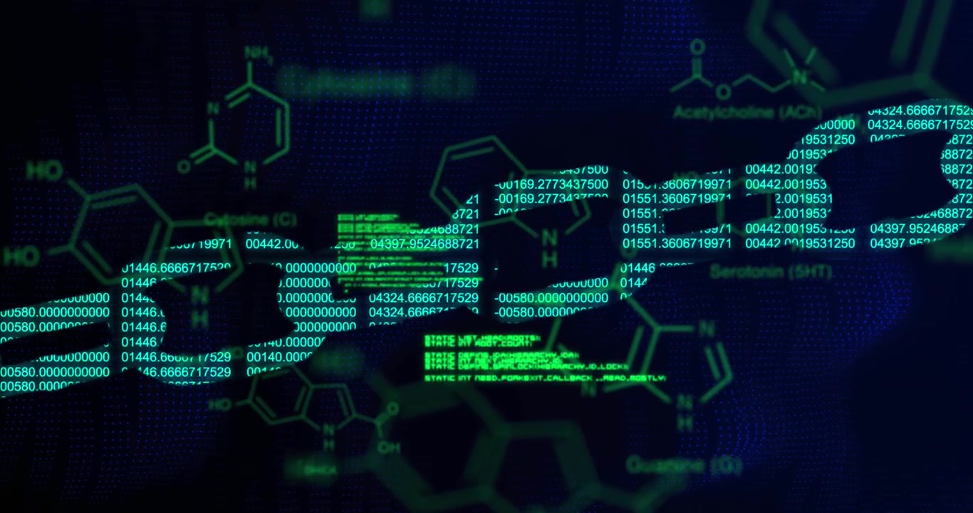 Animation of chemical formula and data processing over black background