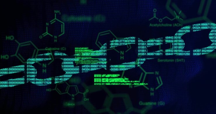 Animation of chemical formula and data processing over black background