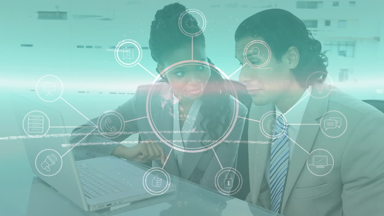 전 세계 데이터 처리의 애니메이션과 다양한 비즈니스 사람들이 사무실에서 이야기하고 있습니다.