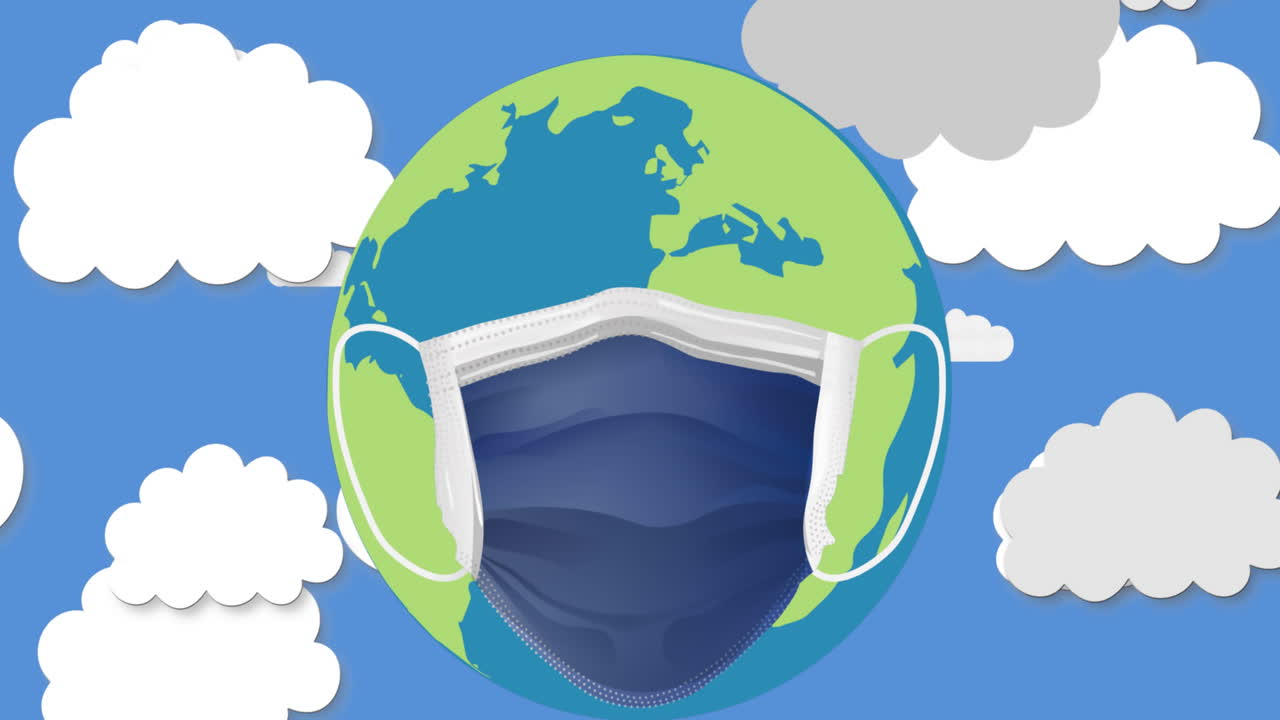 얼굴 마스크를 쓰고 지구 위에 있는 구름의 애니메이션