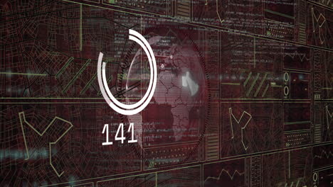 earth globe showing white rings, numeric readout and neon green data panels in virtual dashboard