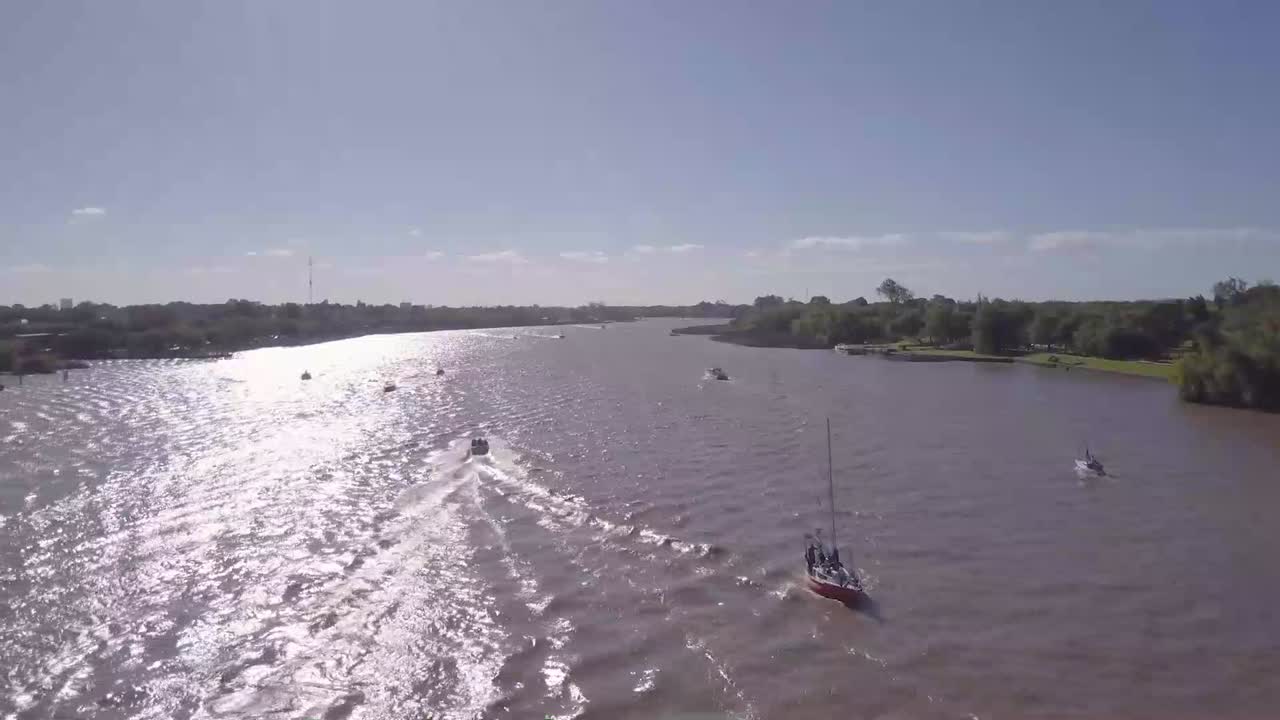 Aerial view of the Rio de la Plata, Buenos Aires, Argentina. The river Lujan is full of sailboats enjoying the sunset