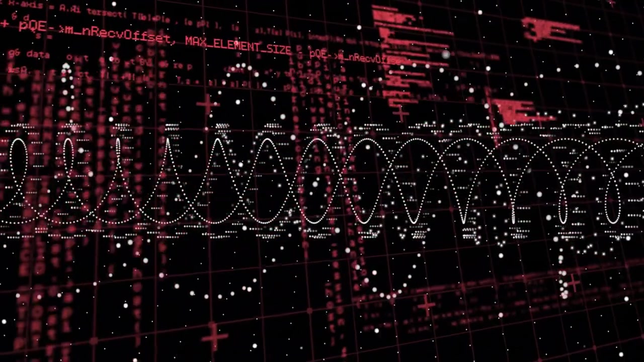 White dotted sine waveform pulsing sending particles red code scrolling visualizing data flow in 3D