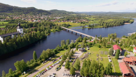 Aerial-view-over-Järvö,-Sweden-from-the-water