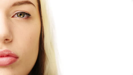 Young-woman-portrait-close-up-half-face-character-series-isolated-on-pure-white-background