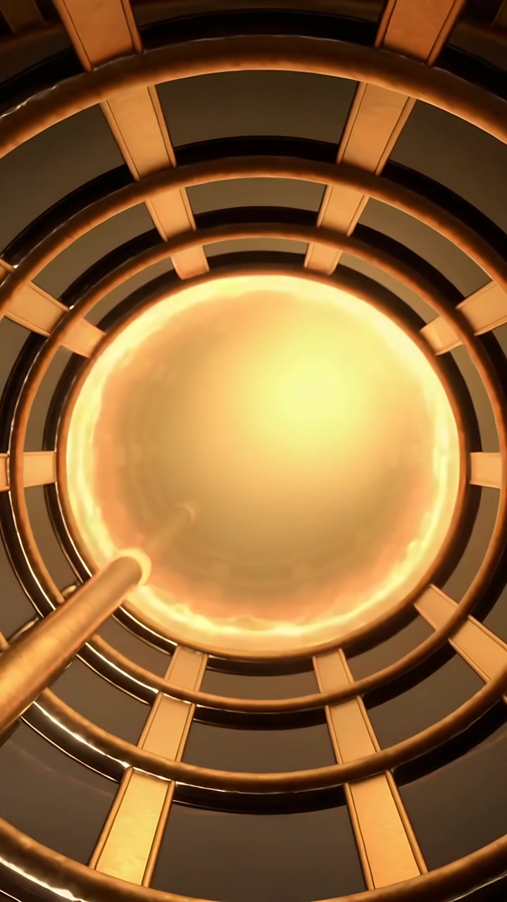 Video verticale: Telecamera che si ritira mostrando un nucleo metallico ad anelli che scivola giù in un pozzo verso un disco illuminato con un palo