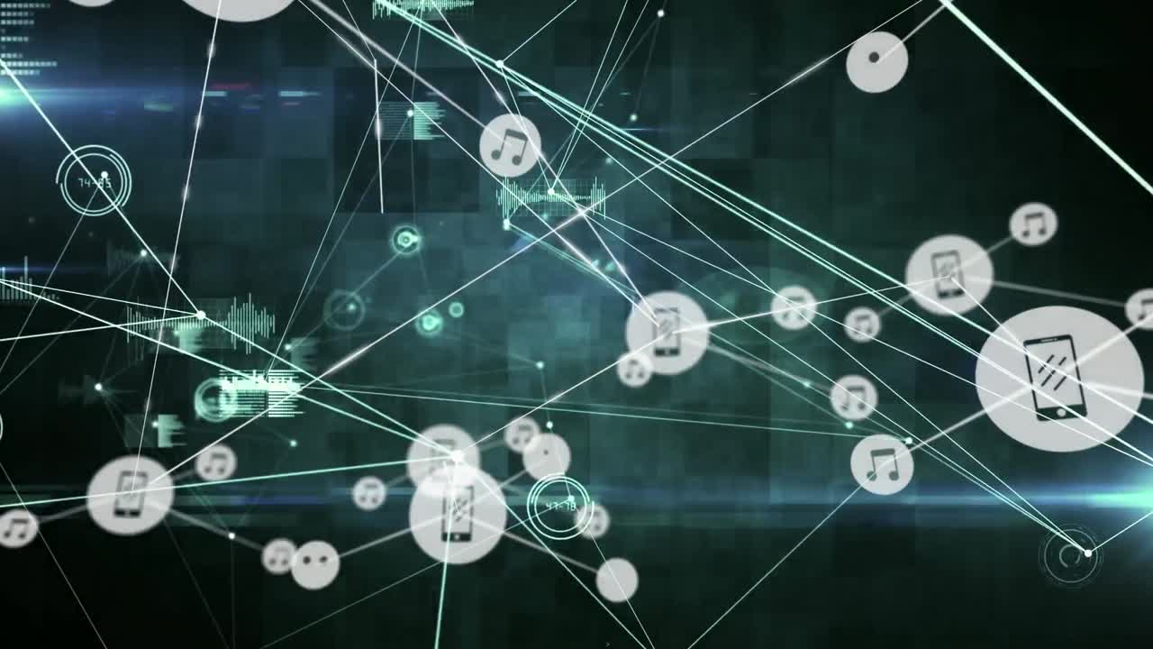 검은색 배경에 아이콘으로 연결 네트워크의 애니메이션