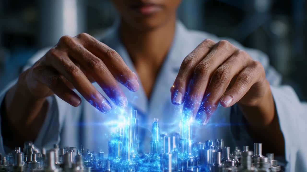 A skilled engineer shapes a futuristic digital landscape with glowing hands, manipulating intricate metallic structures that embody advanced technology and innovative design principles in a modern workspace