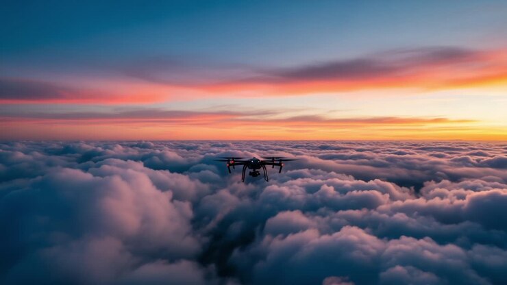 Et betagende luftperspektiv af en drone, der svæver over et hav af farverige skyer ved solnedgang og indfanger naturens skønhed fra en unik engel