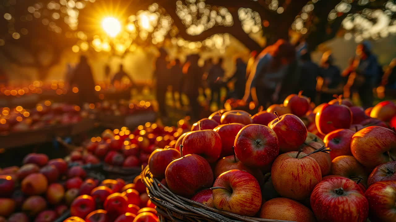 Sunset apple picking. People gather at an orchard during sunset, enjoying freshly picked apples in baskets, surrounded by warm, glowing light