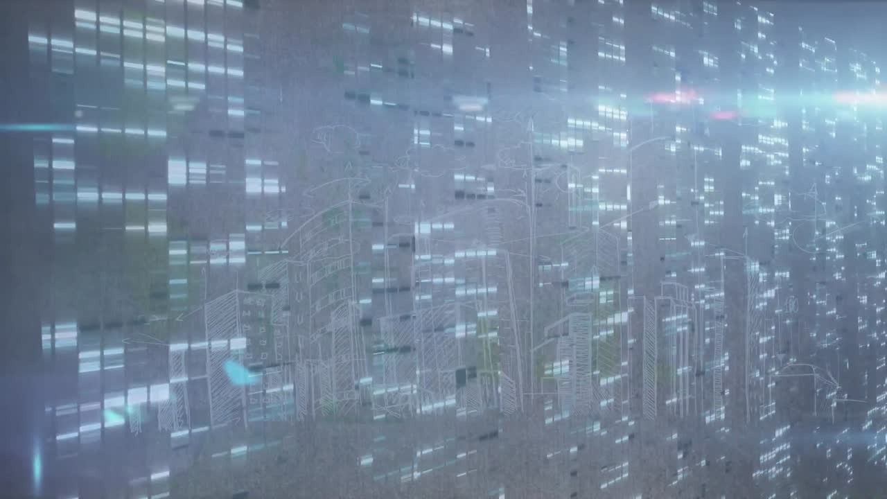 Animation of statistics data processing over cityscape