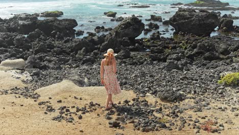 gorgeous woman walk toward rocky beach of tenerife, back view