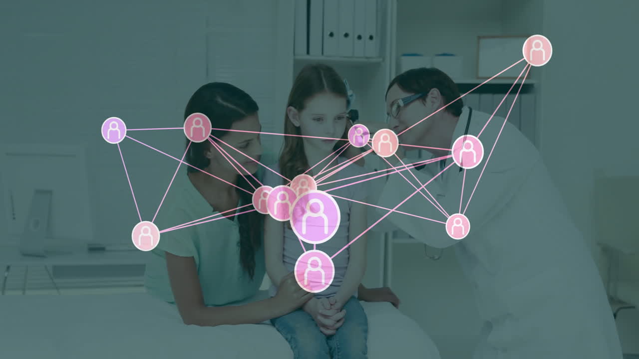 Consulting with family, doctor using network of connections overlay in office