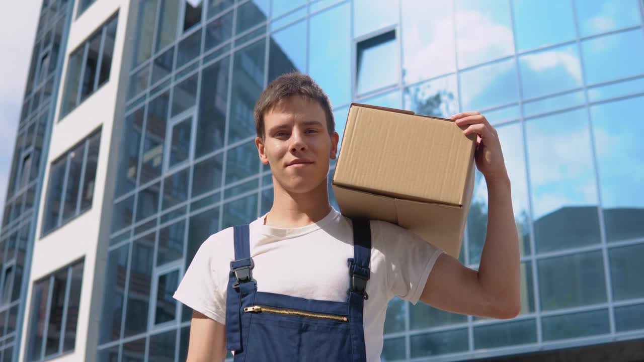 un trabajador de entrega sostiene una caja en el hombro, mirando a la cámara, y luego camina a un lado. entrega de mercancías a la oficina