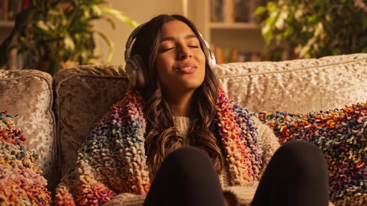 En ung kvinde nyder musikkens glæde, mens hun slapper af på en hyggelig sofa omgivet af farverige puder, og omfavner rytmen og melodien med et henrykt udtryk.