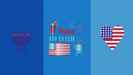 Happy-independence-day-text-over-barbecue-and-heart-icons-against-blue-background