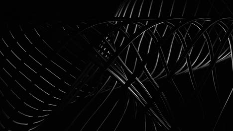 abstract monochrome spiral elements creating a corridor effect on a black background, seamless loop. design. twisted black and white 3d stripes spinning endlessly