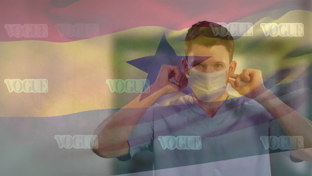 animación de la bandera de ghana y el texto de vogue sobre el médico caucásico.