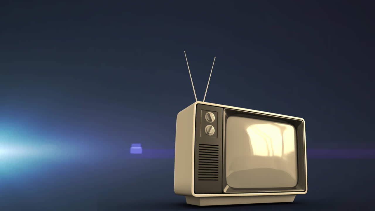Animation af retro tv over lysstråler på mørk baggrund.