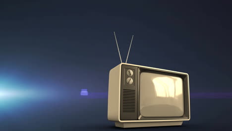 Animation-of-retro-tv-set-over-light-beams-on-dark-background