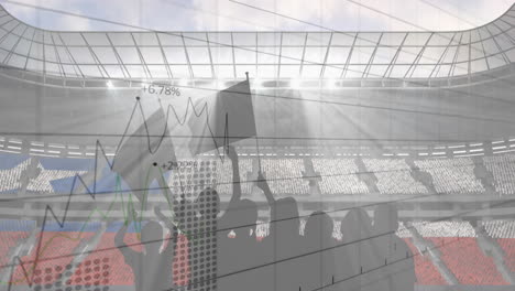 statistical data processing against silhouette of fans cheering and sports stadium in background
