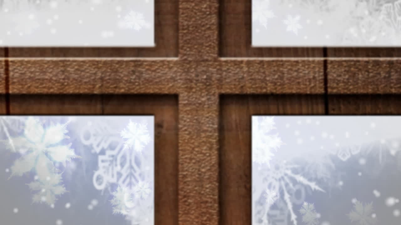 파란색 배경에 창을 통해 보이는 눈이 떨어지고 겨울 풍경의 애니메이션